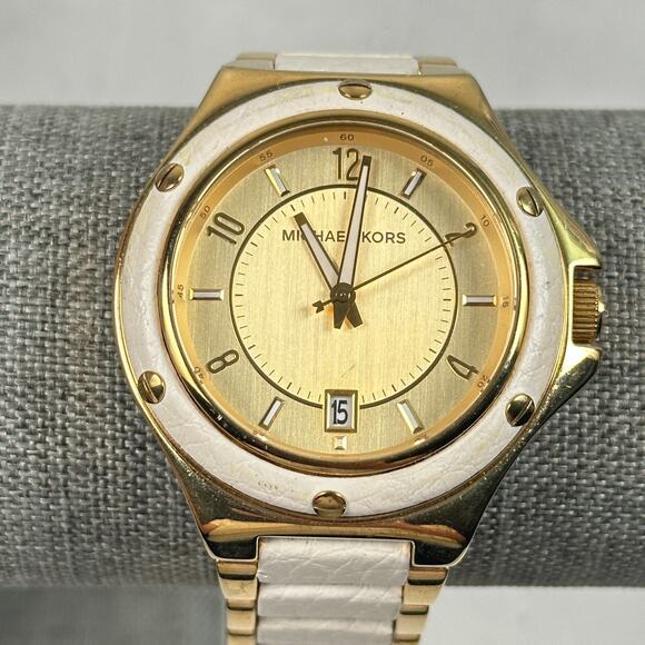 Michael Kors Watch Womens 39mm Date Leather Bezel Band Gold Tone New Battery